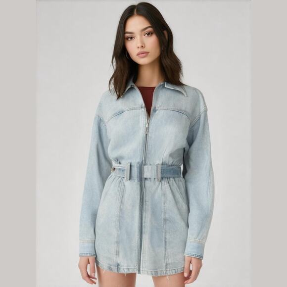 Whiteroom + Cactus Denim Long Sleeve Full Zip Mini Dress Light Wash Blue Size M - Picture 1 of 16